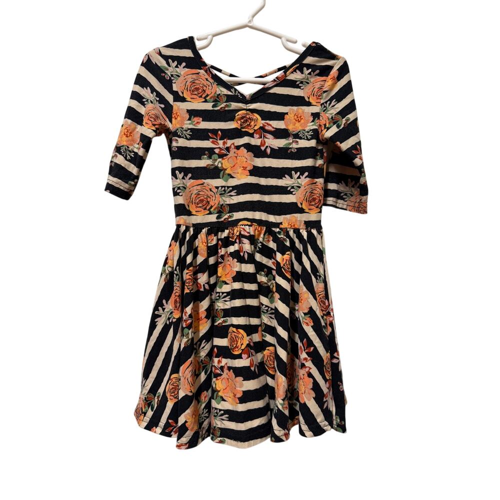 Dot Dot Smile Twirl Ballerina dress Black white with coral floral Toddler 3/4